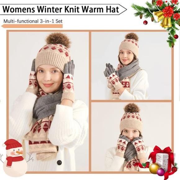 3-in-1 Winter Beanie Hat Scarf Gloves Knitted Set, Red main image 5